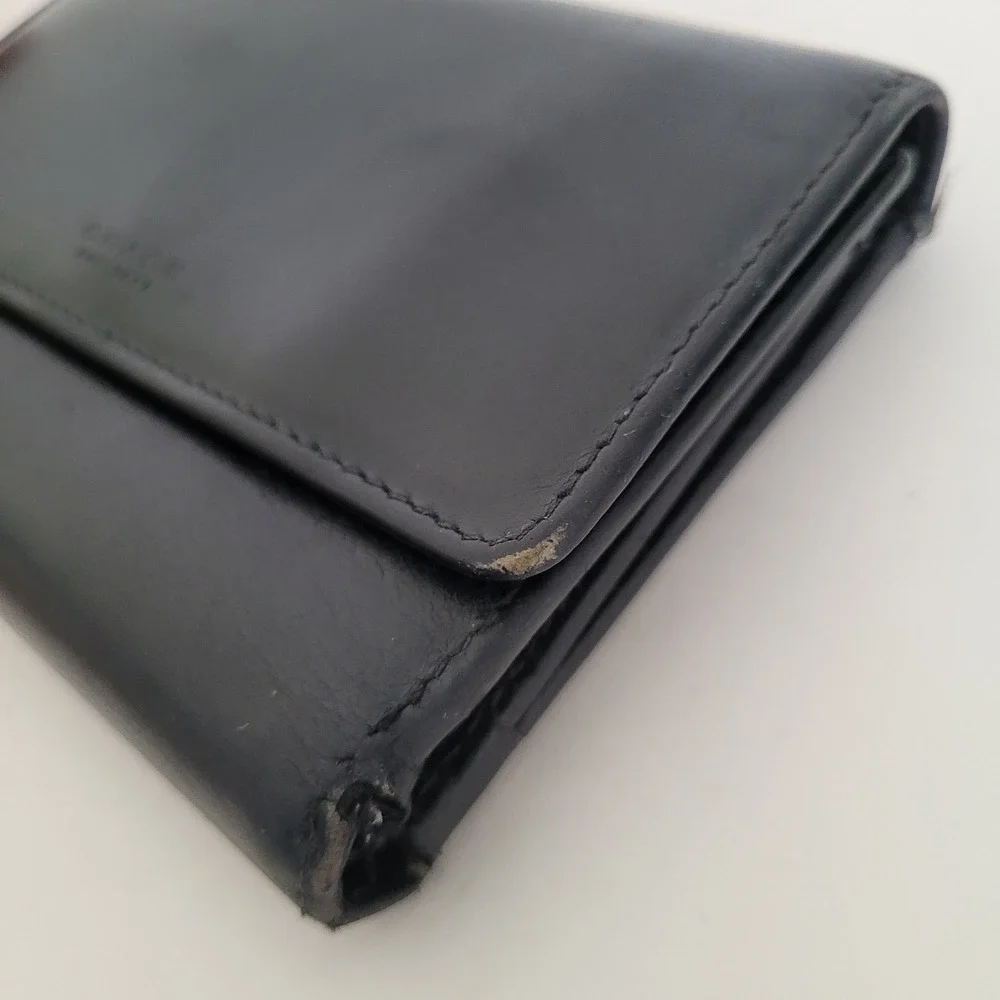 Coach New York Black Leather Trifold Wallet Compact Card Holder Zipper‎ Pocket